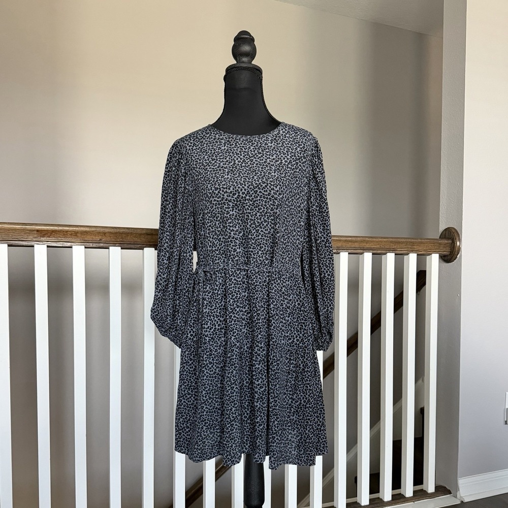 Abercrombie Fitch Long Puff Sleeve Leopard Belted Tiered Mini Dress Small Boho